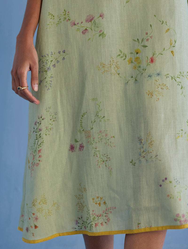 Nami Floral Printed Linen Dress - Mint