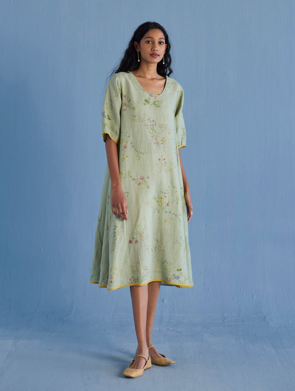 Nami Floral Printed Linen Dress - Mint