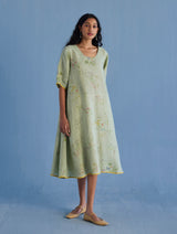 Nami Floral Printed Linen Dress - Mint