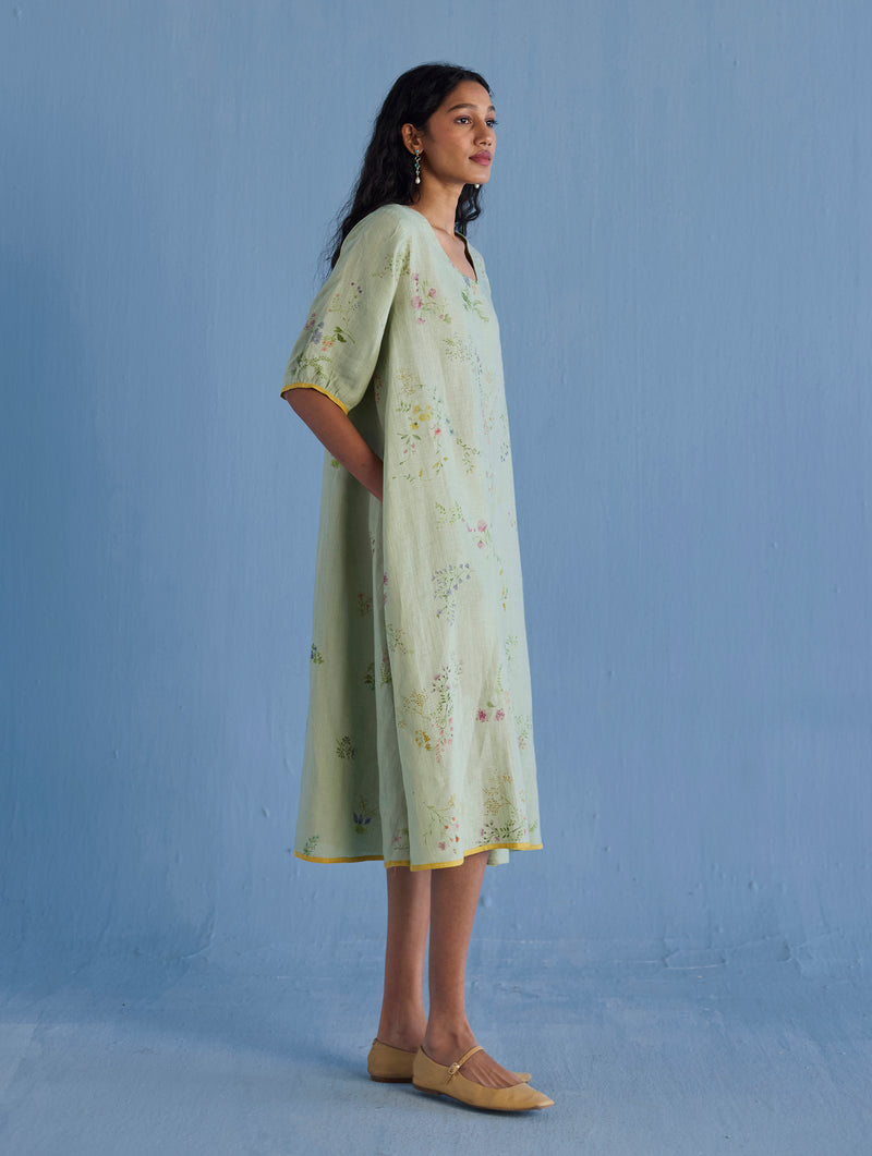 Nami Floral Printed Linen Dress - Mint