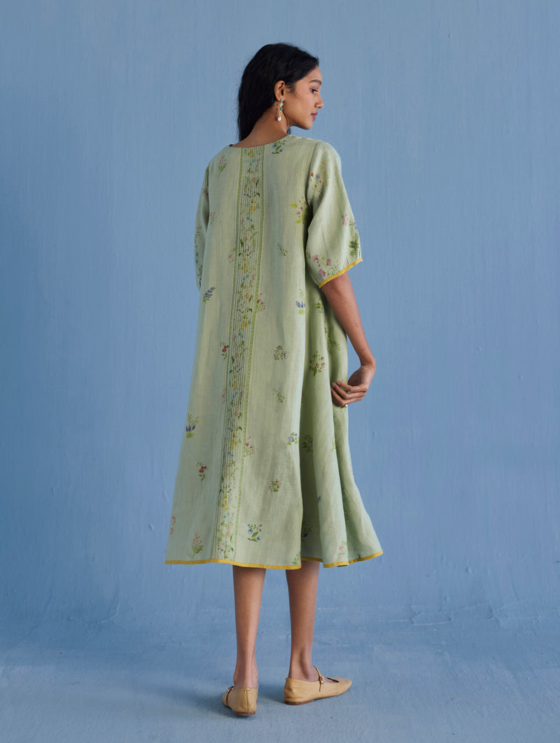 Nami Floral Printed Linen Dress - Mint