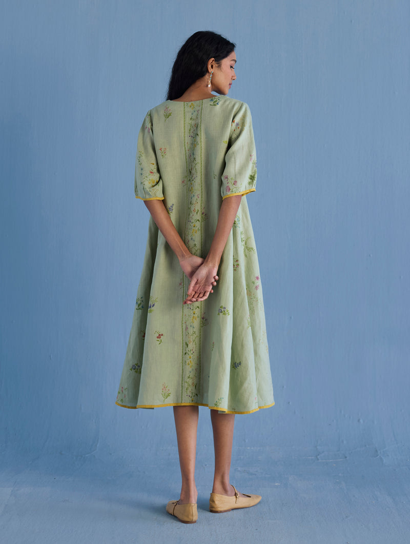 Nami Floral Printed Linen Dress - Mint