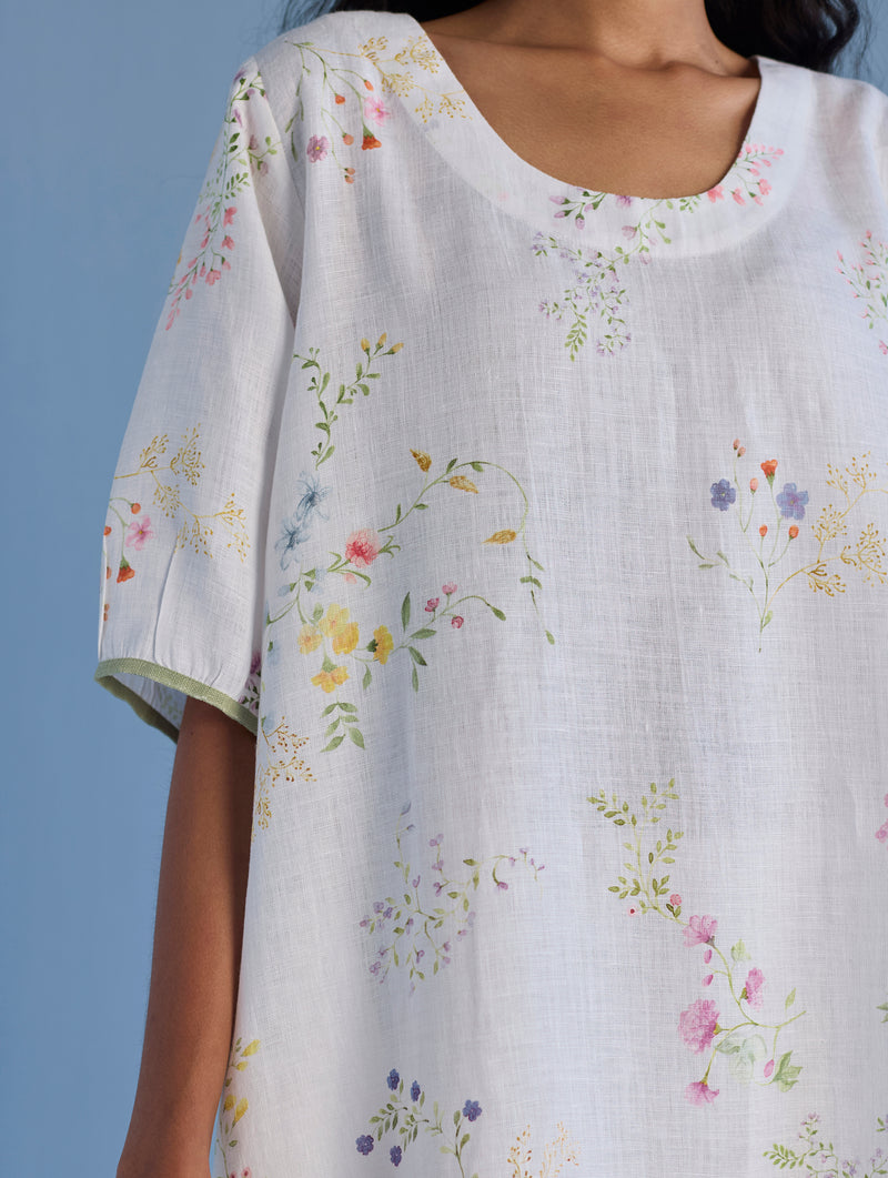 Nami Floral Printed Linen Dress - White