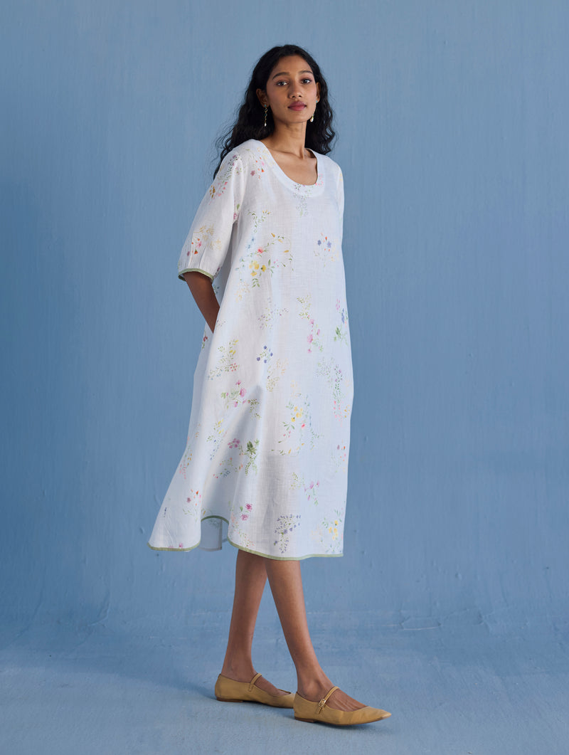 Nami Floral Printed Linen Dress - White