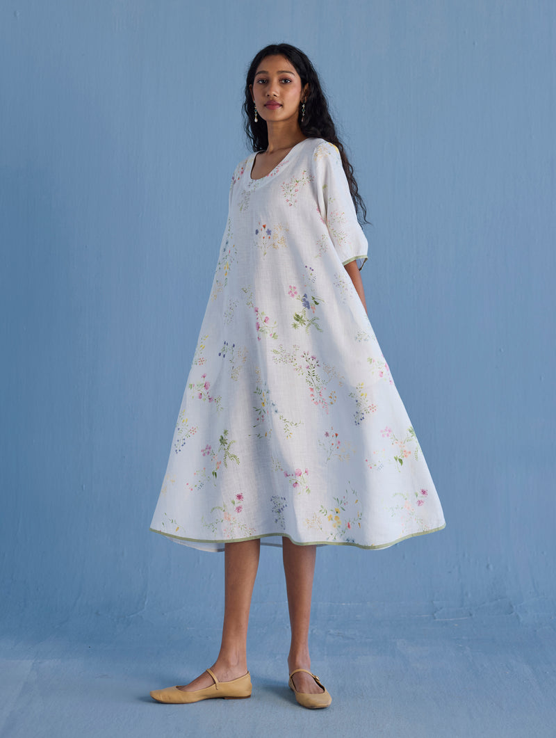 Nami Floral Printed Linen Dress - White