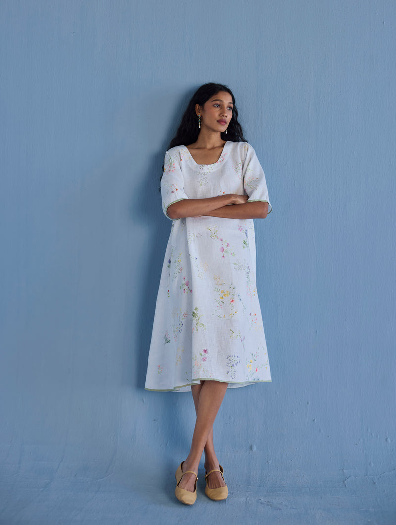 Nami Floral Printed Linen Dress - White