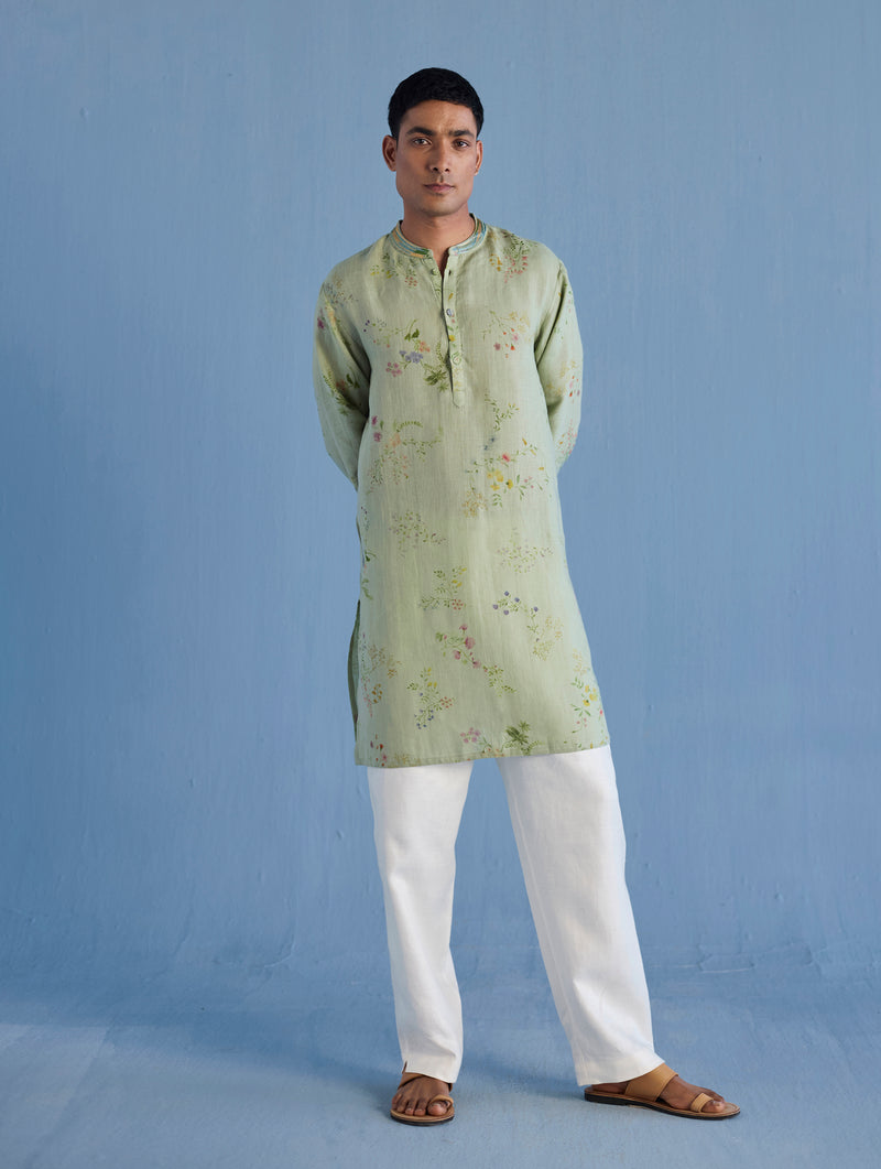 Ahan Floral Printed Kurta with Embroidered Collar - Mint