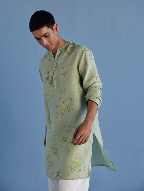 Ahan Floral Printed Kurta with Embroidered Collar - Mint