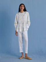 Akavi Pleated Floral Linen Shirt - White