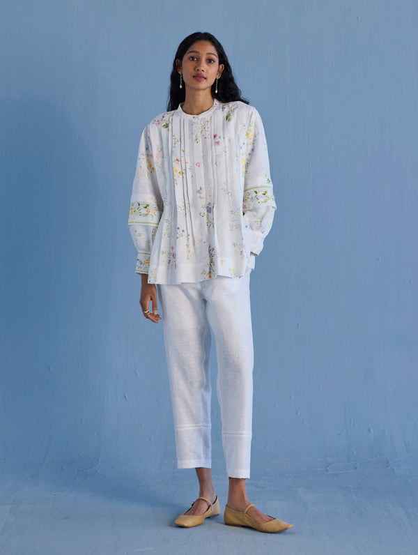 Akavi Pleated Floral Linen Co-ord Set  - White