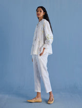 Akavi Pleated Floral Linen Co-ord Set  - White