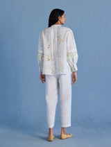 Akavi Pleated Floral Linen Shirt - White