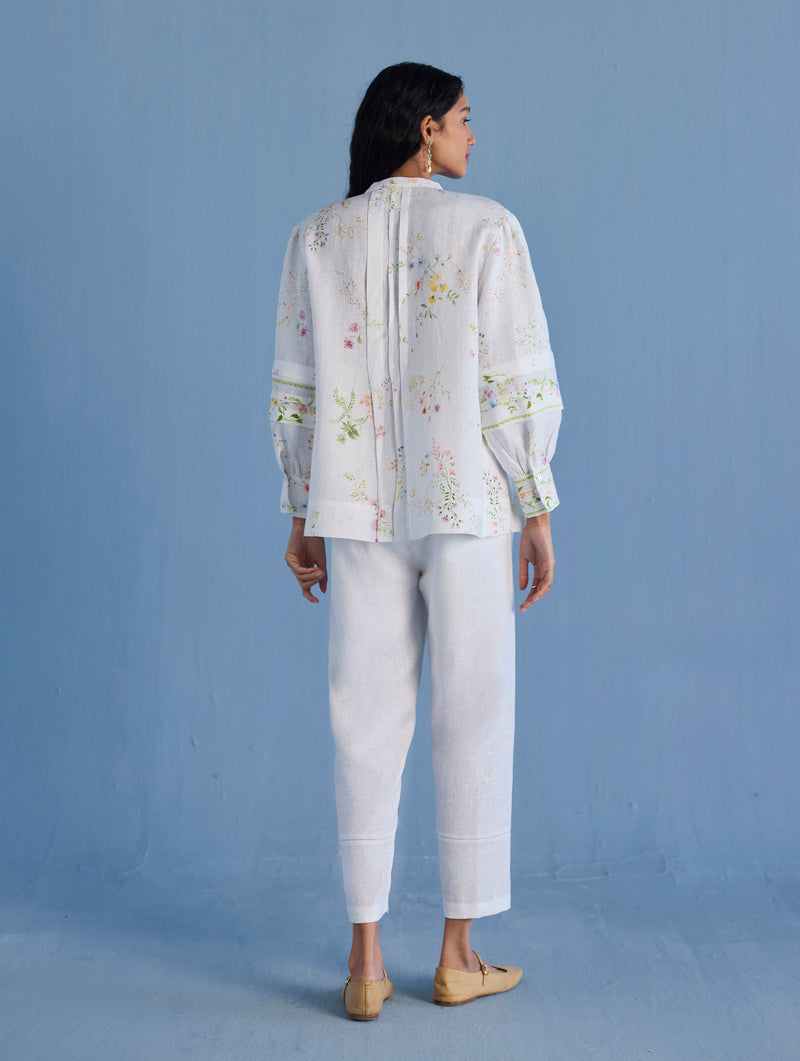 Akavi Pleated Floral Linen Shirt - White