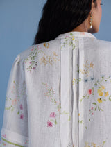 Akavi Pleated Floral Linen Shirt - White