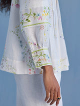 Akavi Pleated Floral Linen Shirt - White