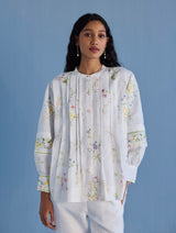 Akavi Pleated Floral Linen Shirt - White