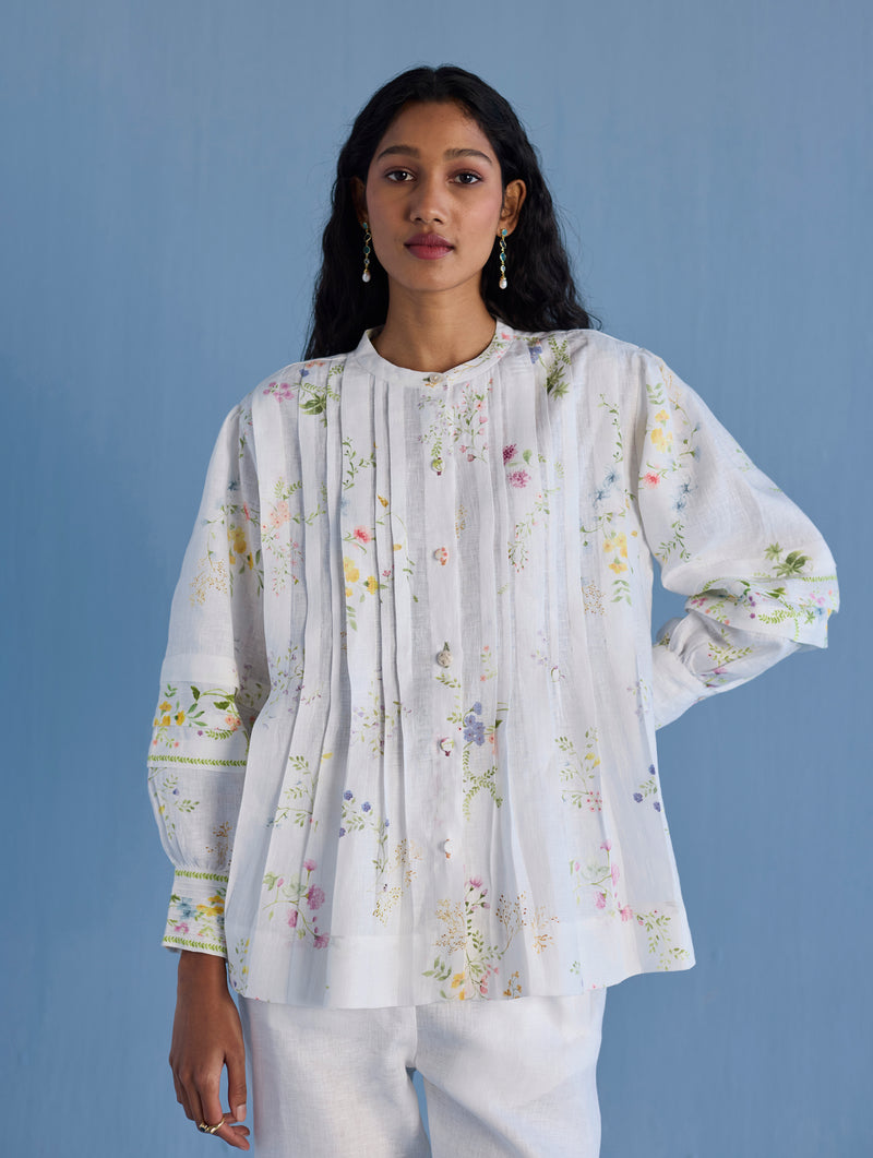 Akavi Pleated Floral Linen Shirt - White