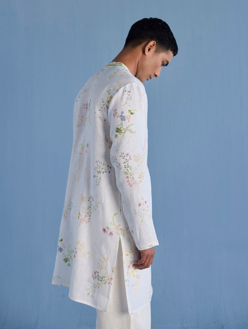 Ahan Floral Printed Kurta with Embroidered Collar - White