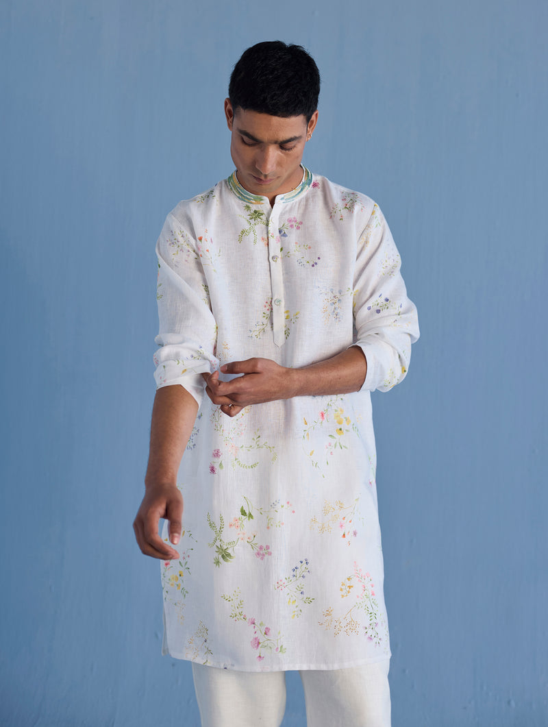 Ahan Floral Printed Kurta with Embroidered Collar - White