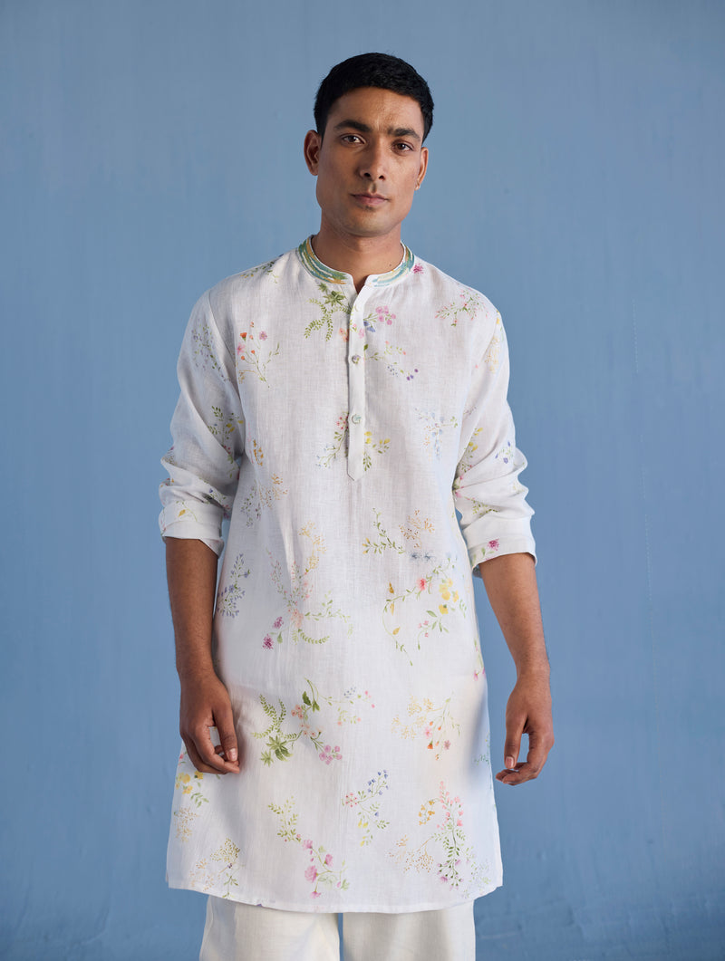 Ahan Floral Printed Kurta with Embroidered Collar - White