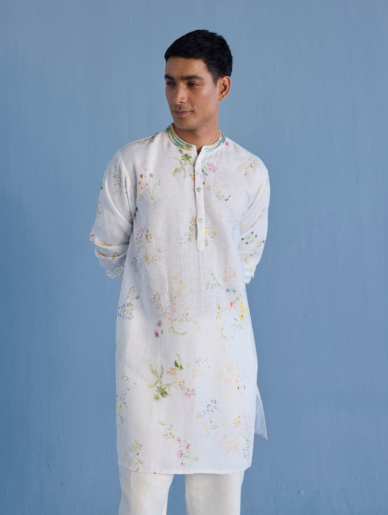 Ahan Floral Printed Kurta with Embroidered Collar - White