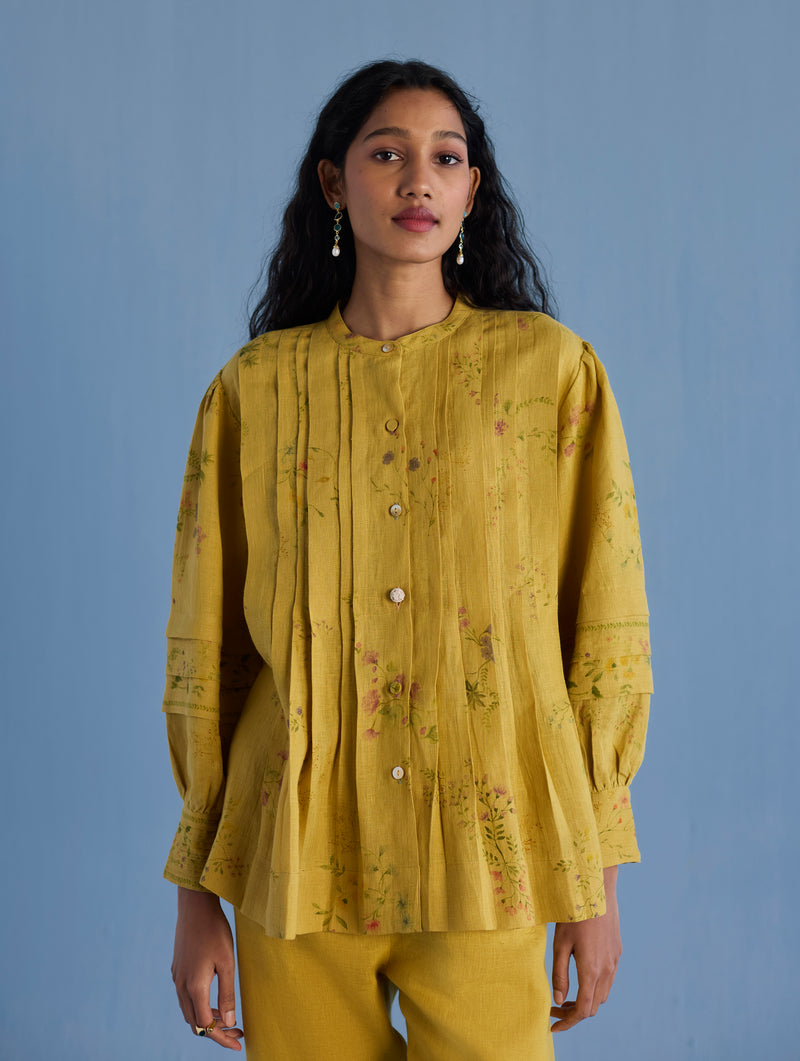 Akavi Pleated Floral Linen Shirt - Ochre