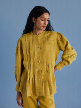 Akavi Pleated Floral Linen Shirt - Ochre