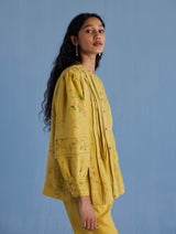 Akavi Pleated Floral Linen Shirt - Ochre