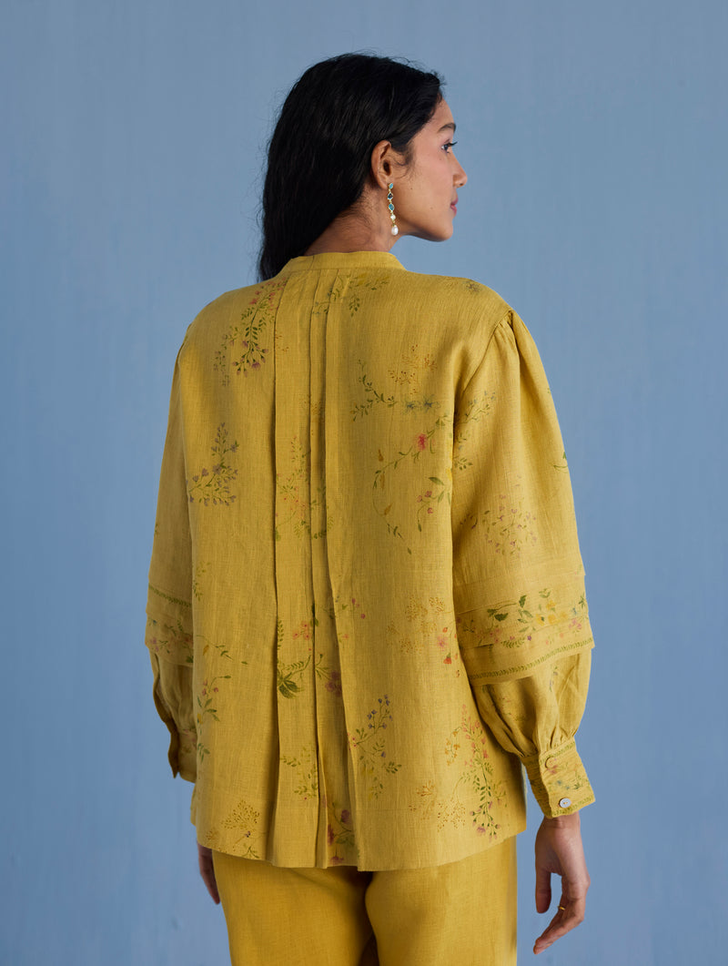 Akavi Pleated Floral Linen Shirt - Ochre