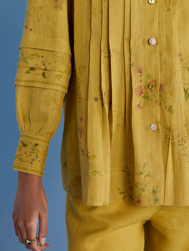 Akavi Pleated Floral Linen Co-ord Set  - Ochre