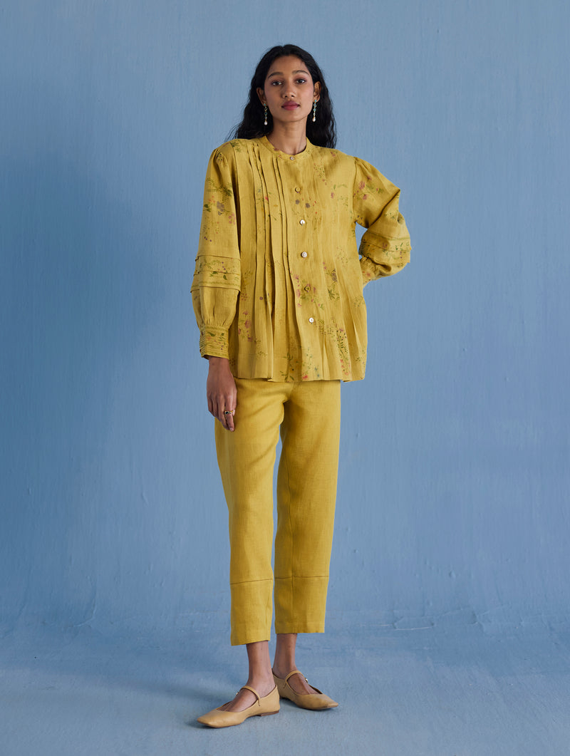 Akavi Pleated Floral Linen Shirt - Ochre