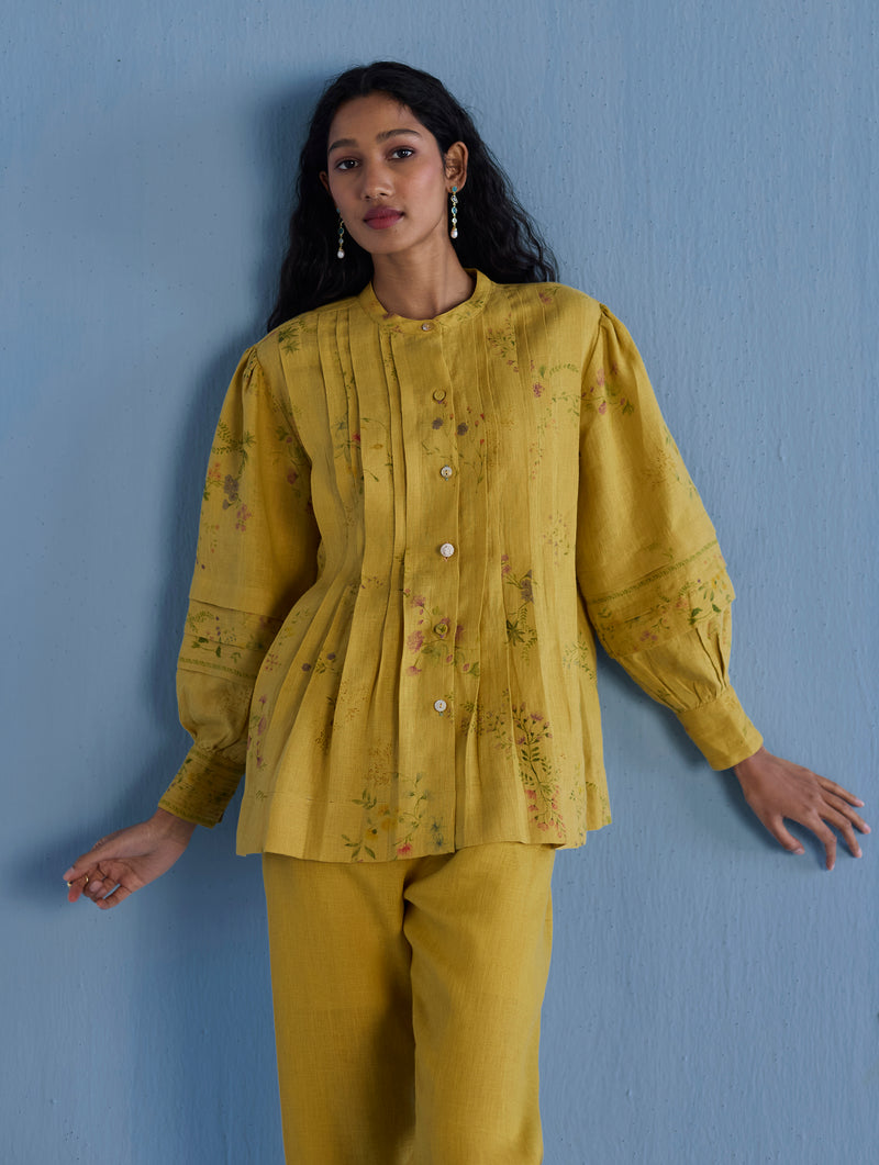 Akavi Pleated Floral Linen Co-ord Set  - Ochre