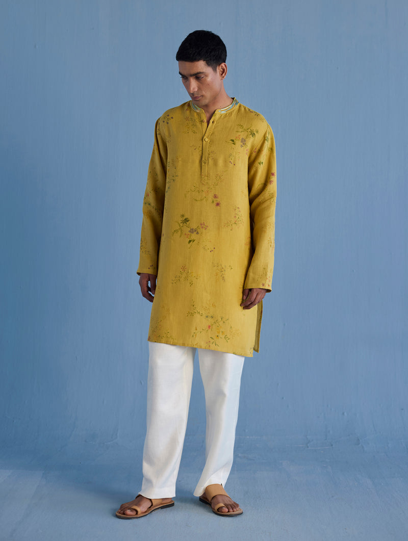 Ahan Floral Printed Kurta with Embroidered Collar - Ochre