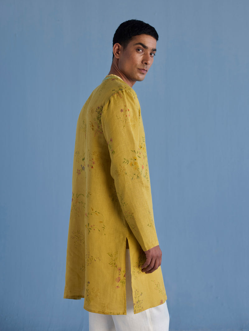 Ahan Floral Printed Kurta with Embroidered Collar - Ochre