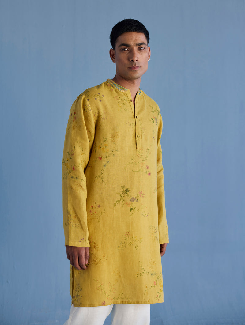 Ahan Floral Printed Kurta with Embroidered Collar - Ochre