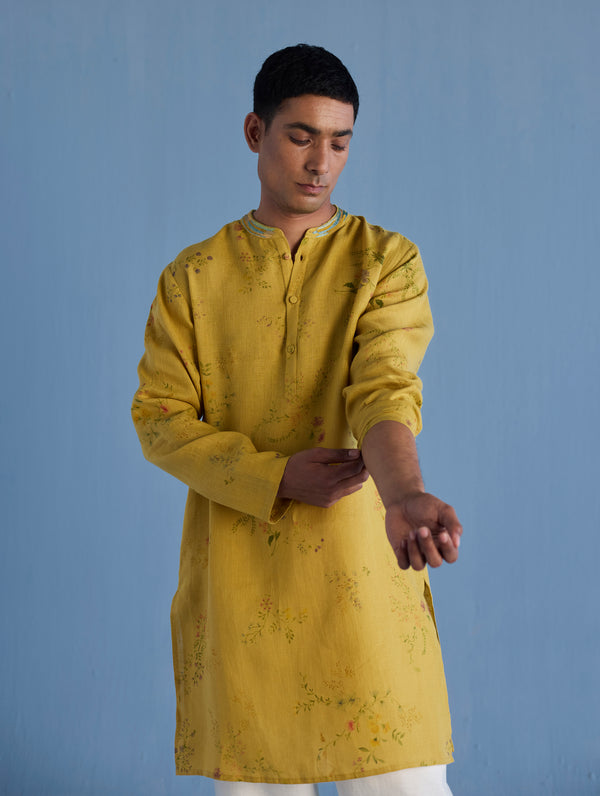 Ahan Floral Printed Kurta with Embroidered Collar - Ochre