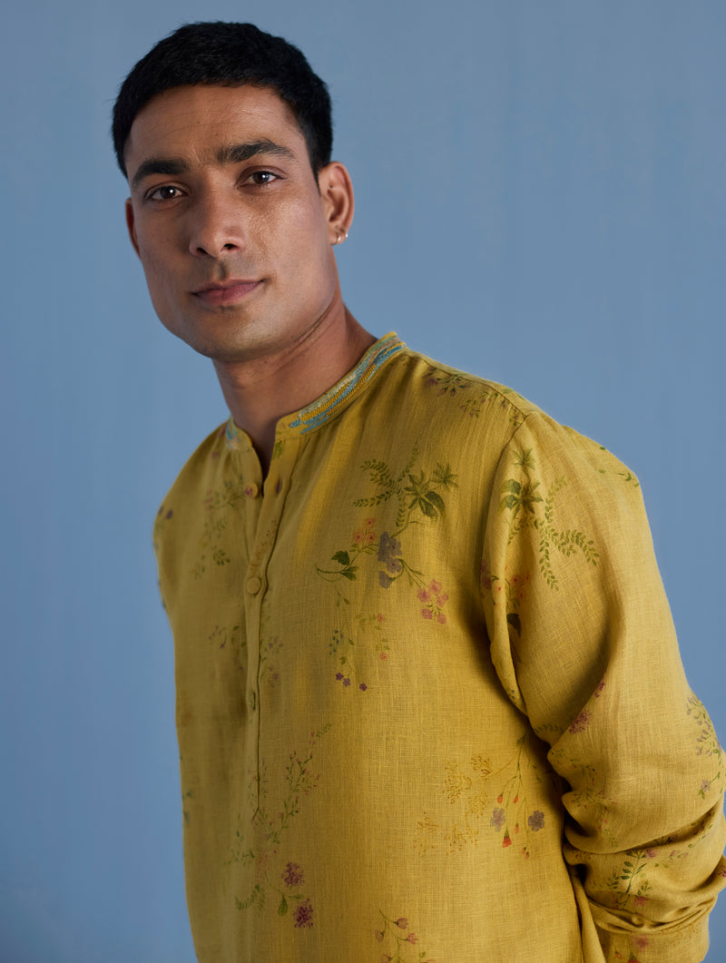 Ahan Floral Printed Kurta with Embroidered Collar - Ochre