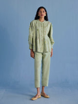 Akavi Pleated Floral Linen Shirt - Mint