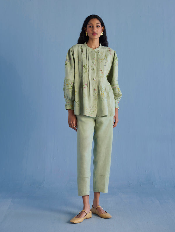 Akavi Pleated Floral Linen Co-ord Set  - Mint