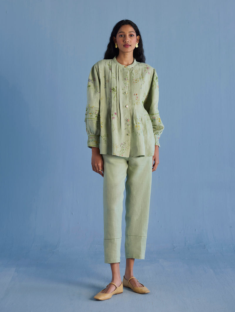 Akavi Pleated Floral Linen Shirt - Mint