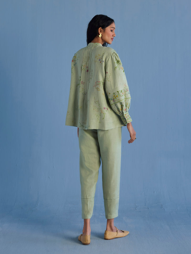 Akavi Pleated Floral Linen Shirt - Mint