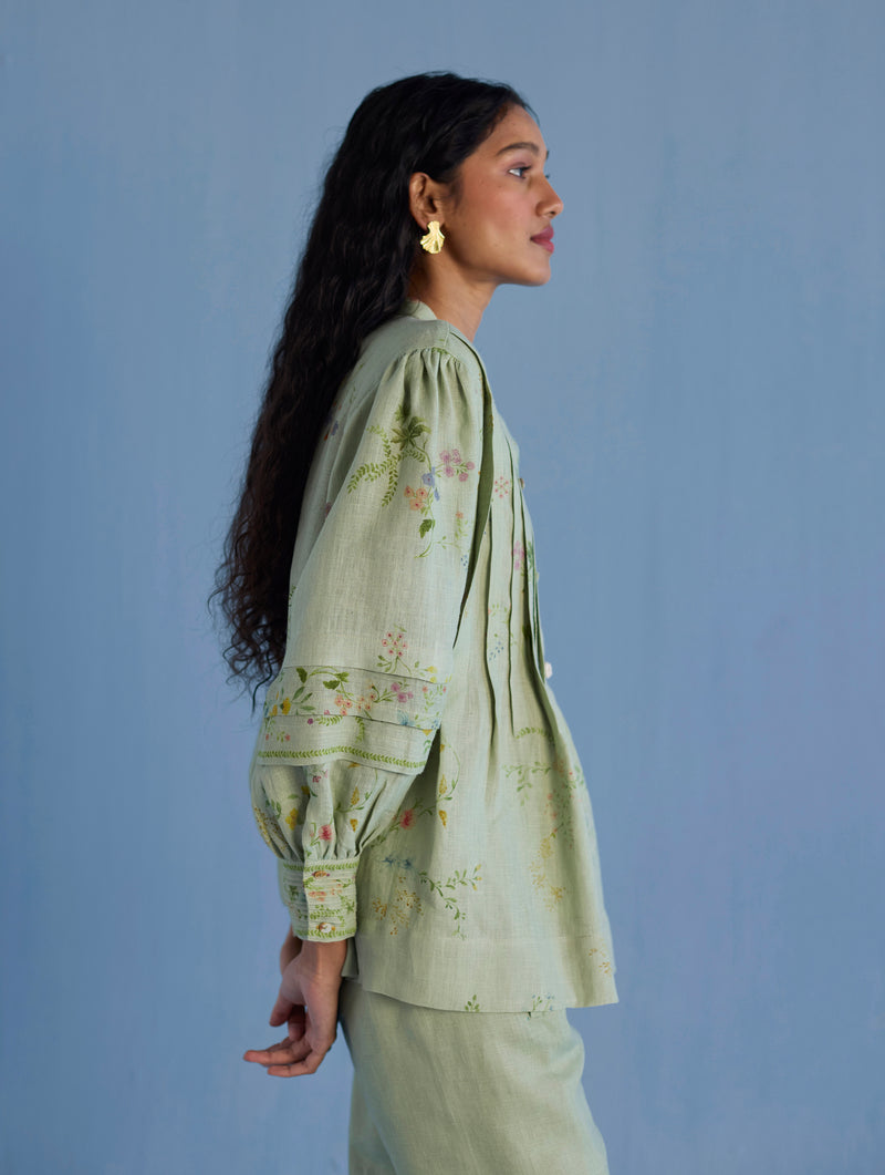 Akavi Pleated Floral Linen Shirt - Mint