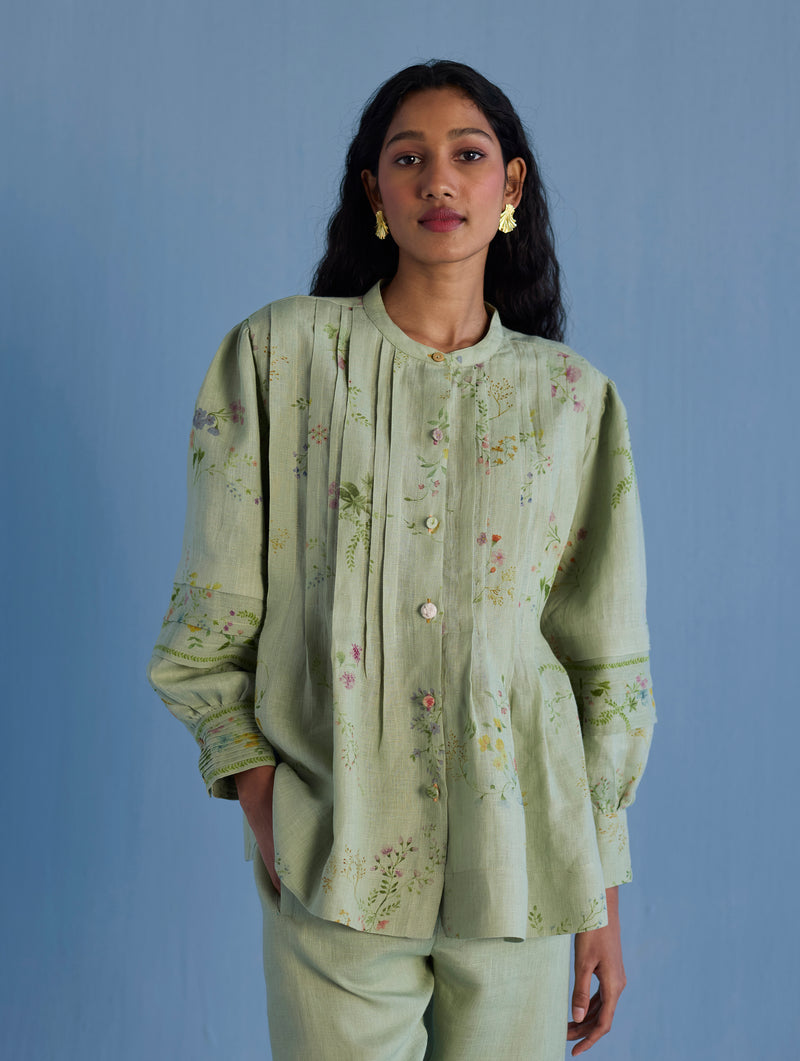 Akavi Pleated Floral Linen Shirt - Mint