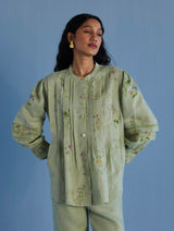 Akavi Pleated Floral Linen Shirt - Mint