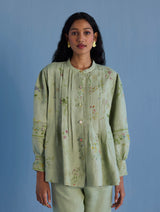 Akavi Pleated Floral Linen Shirt - Mint