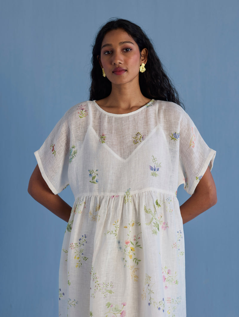 Rasa Floral Printed Sheer Linen Dress - White