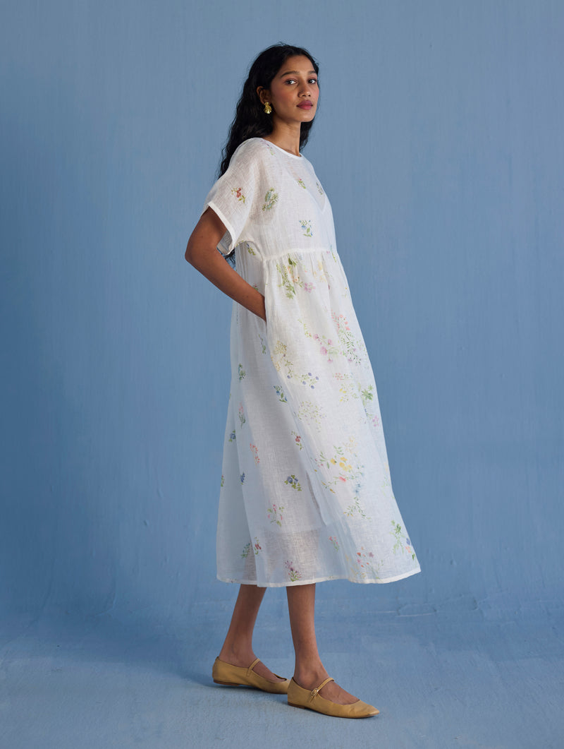 Rasa Floral Printed Sheer Linen Dress - White