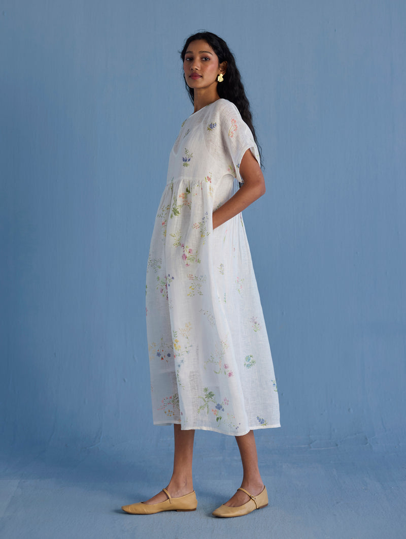 Rasa Floral Printed Sheer Linen Dress - White