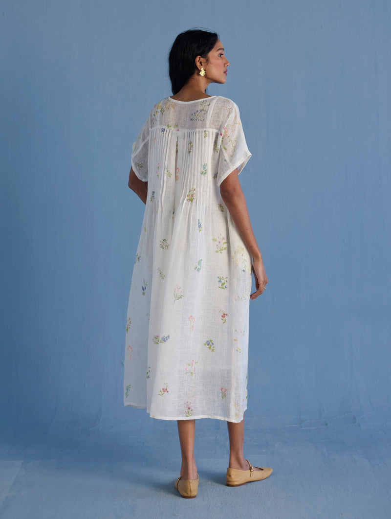 Rasa Floral Printed Sheer Linen Dress - White