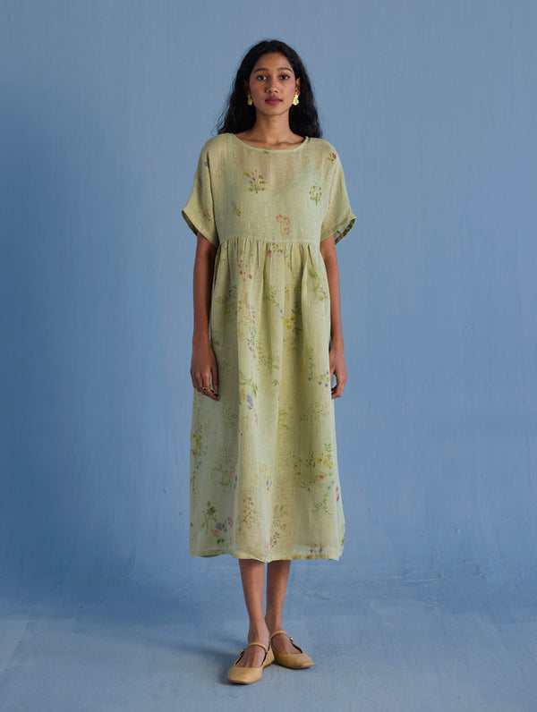 Rasa Floral Printed Sheer Linen Dress - Mint